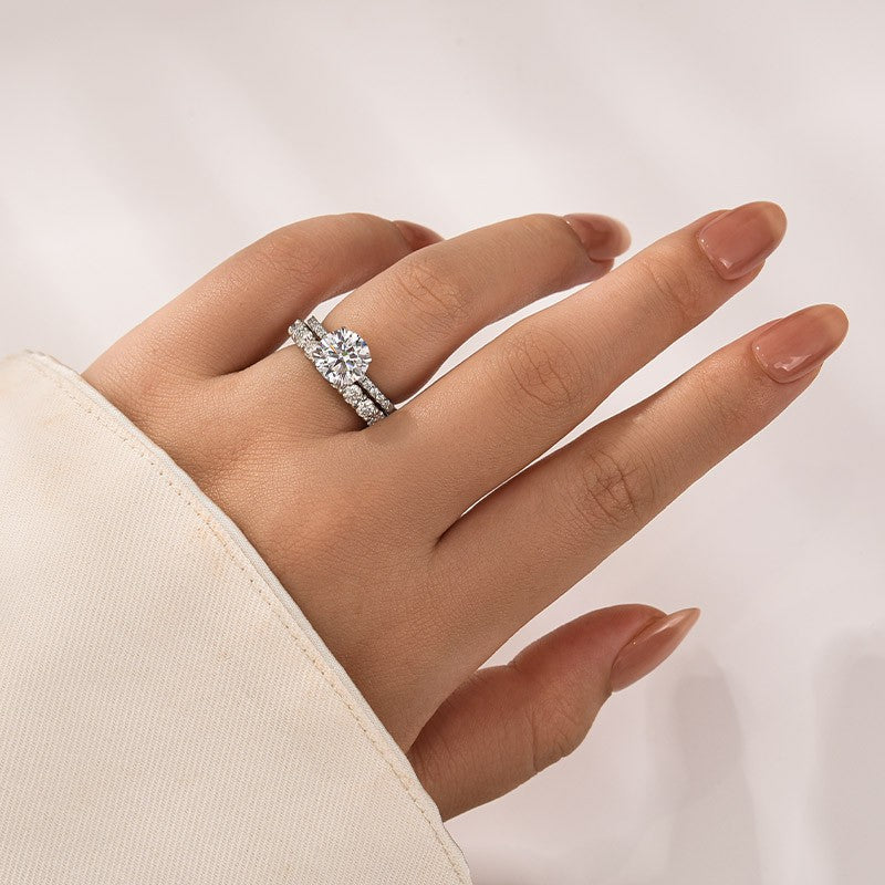 Moissanite 2.0 Ct Round Cut White Gold Engagement Ring with Low Dome Basket Eternity Ring