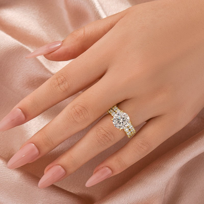 Moissanite 4.0Ct Round Cut Side Stone Yellow Gold Travel Bridal Set