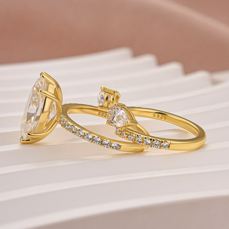Moissanite 4.0Ct Marquise Cut Yellow Gold Wedding Ring with Open Pear Cut Enhancer