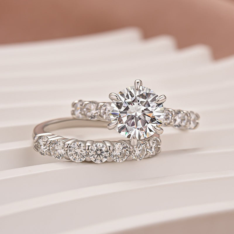 Moissanite 2.0 Ct 6 Prong Round Cut White Gold Engagement Ring with Seven Stone Low Dome Basket Anniversary Ring