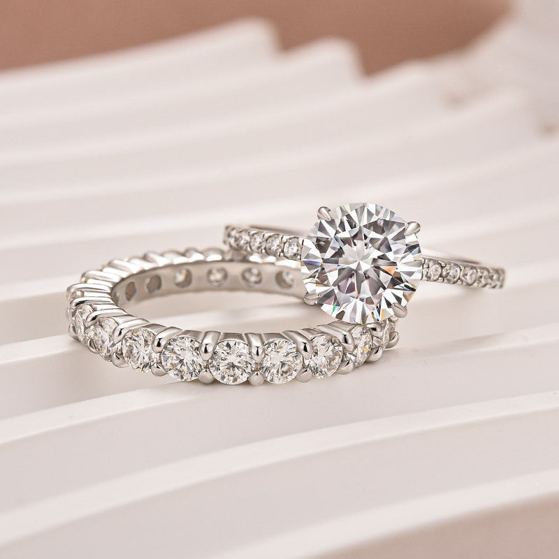 Moissanite 2.0 Ct Round Cut White Gold Engagement Ring with Low Dome Basket Eternity Ring