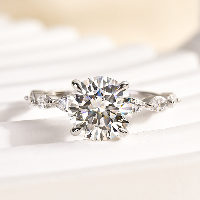 Rodiffy Moissanite 2.0 Ct Round Cut with Marquise Side Stones Hidden Halo Engagement Ring