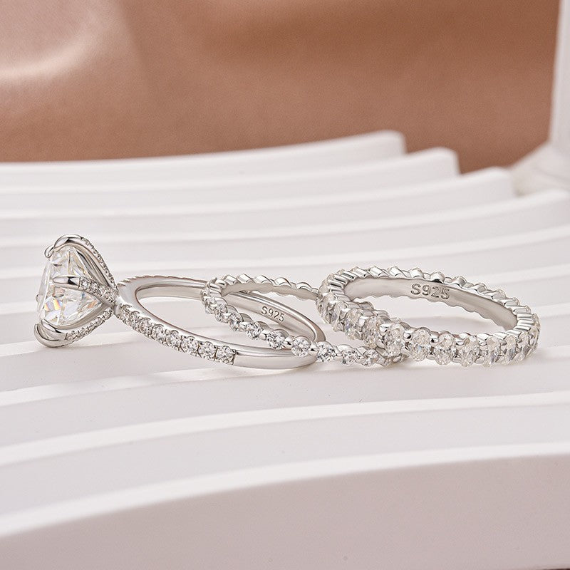 Moissanite 3.0Ct Round Cut White Gold 3PC Travel Engagement Ring with Oval & Round Cut Wedding Band