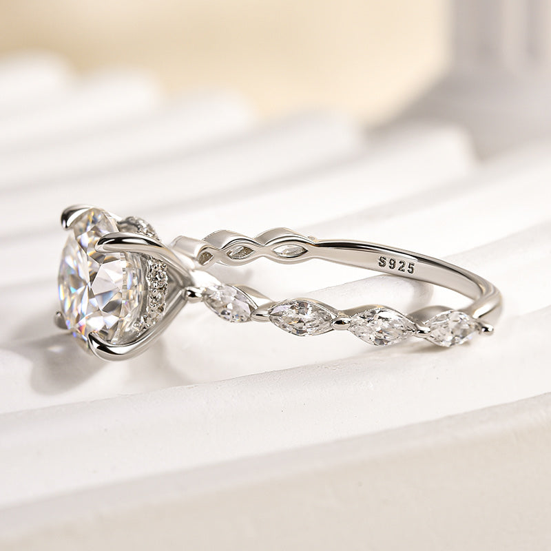 Rodiffy Moissanite 2.0 Ct Round Cut with Marquise Side Stones Hidden Halo Engagement Ring