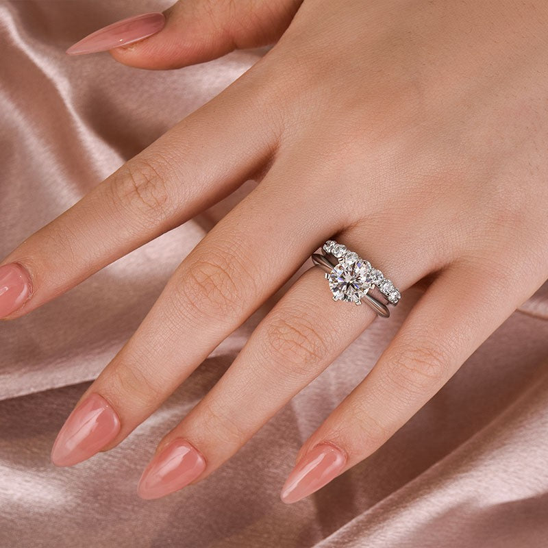 Moissanite 2.0 Ct ~3.0 Ct Round Cut 6 Prong White Gold Engagement Ring with Round Cut White Gold Women's Wedding Band
