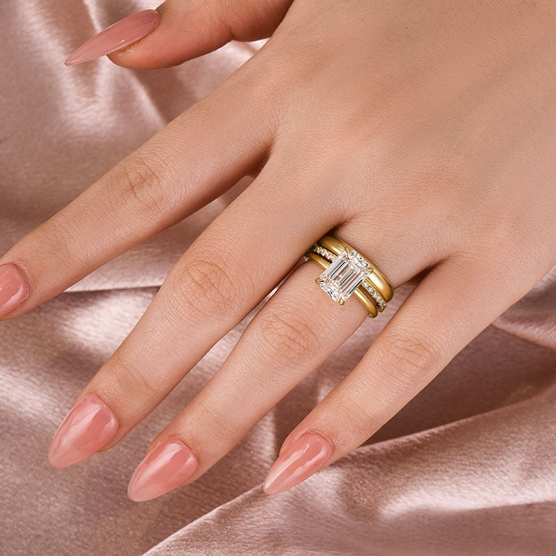 Moissanite 3.5 Ct Emerald Cut Yellow Gold Wedding Ring Set with Wide Band