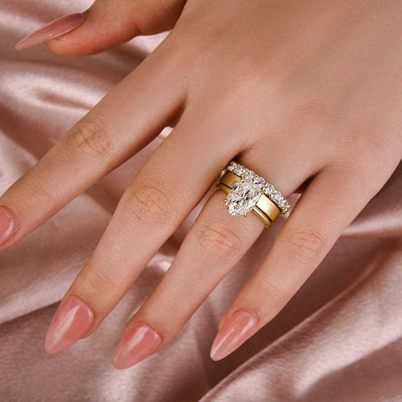 Moissanite 4.0Ct Solitaire Oval Cut Yellow Gold Engagement Ring With Eternity Ring