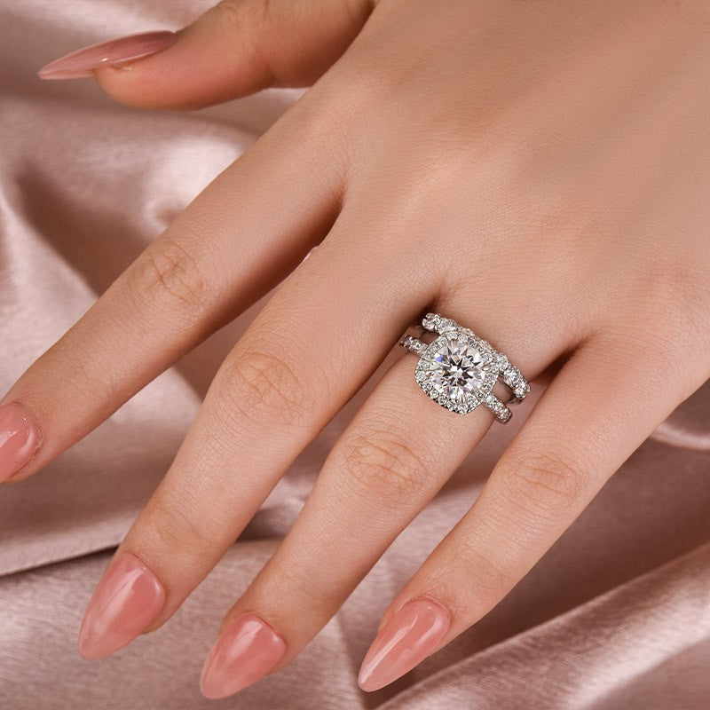 Moissanite 2.0Ct Halo Round Cut White Gold Promise Ring With Seven Stone Round Cut Anniversary Ring