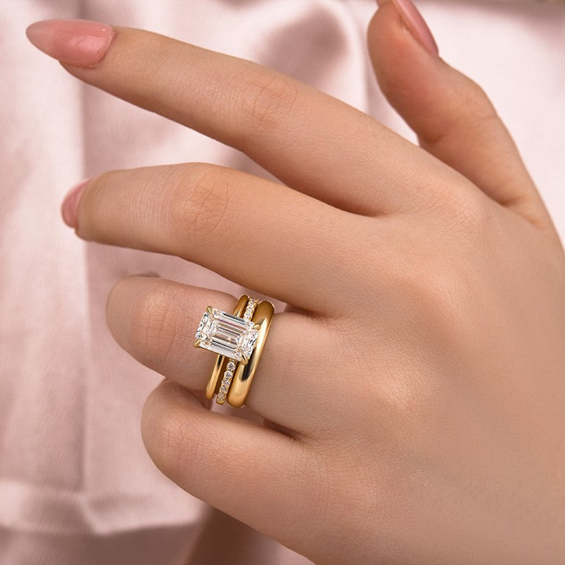 Moissanite 3.5 Ct Emerald Cut Yellow Gold Wedding Ring Set with Wide Band