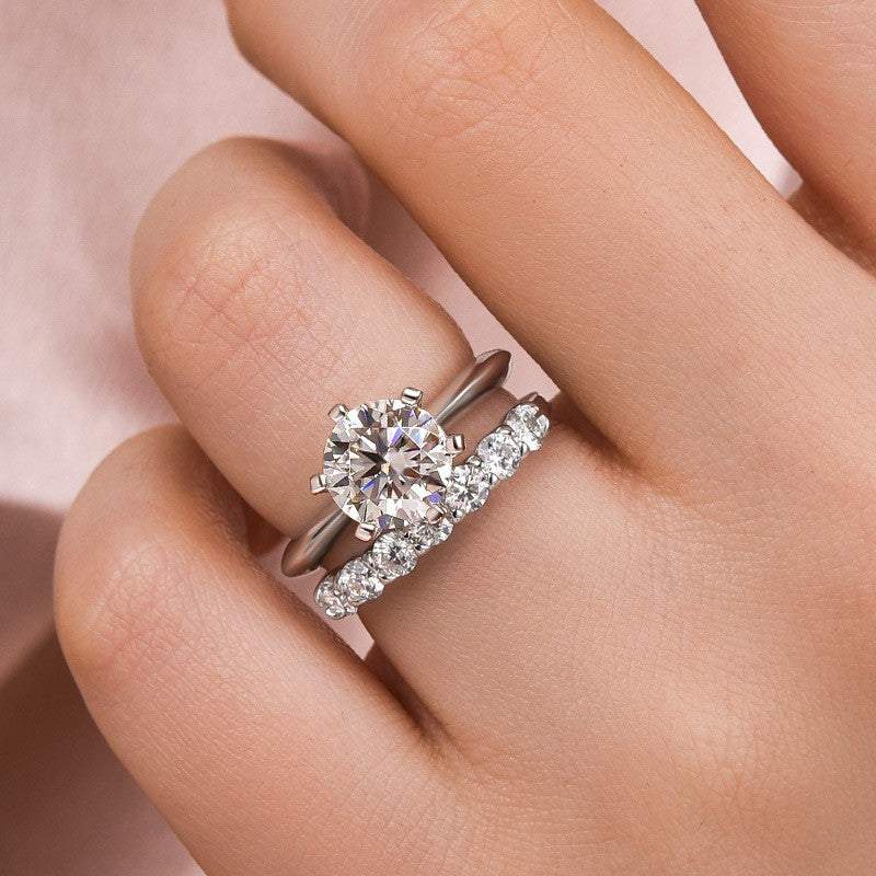 Moissanite 2.0 Ct ~3.0 Ct Round Cut 6 Prong White Gold Engagement Ring with Round Cut White Gold Women's Wedding Band