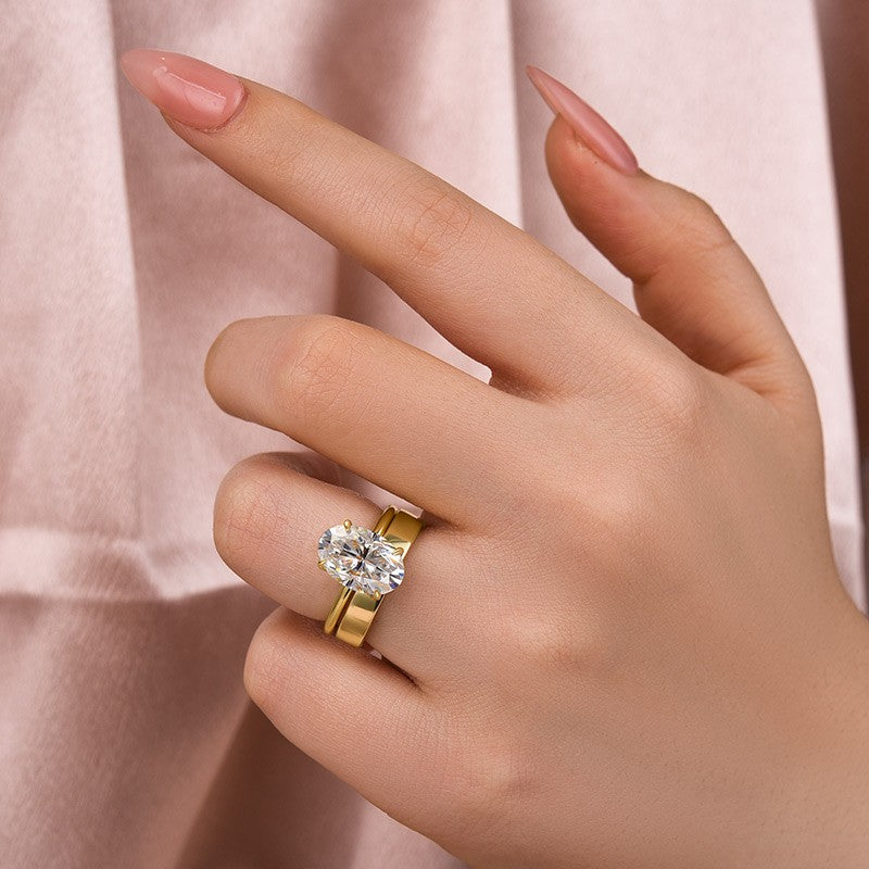 Moissanite 4.0 Ct Solitaire Oval Cut Yellow Gold Wedding Ring Set with Wide Band