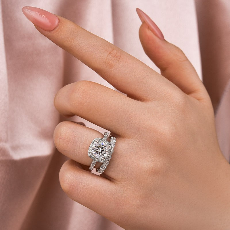 Moissanite 2.0Ct Halo Round Cut White Gold Promise Ring With Seven Stone Round Cut Anniversary Ring