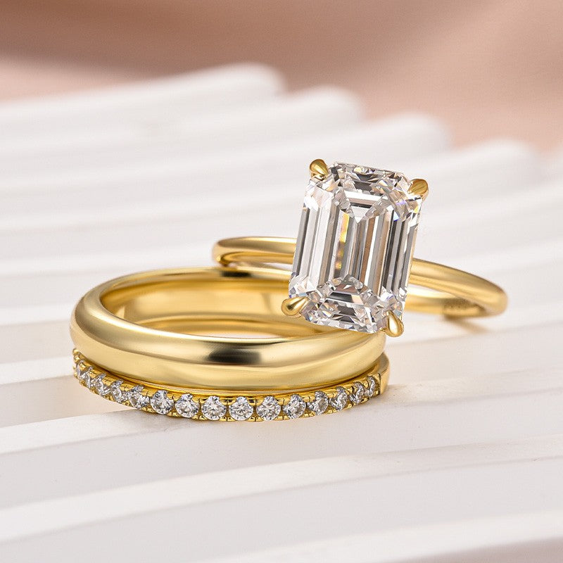 Moissanite 3.5 Ct Emerald Cut Yellow Gold Wedding Ring Set with Wide Band