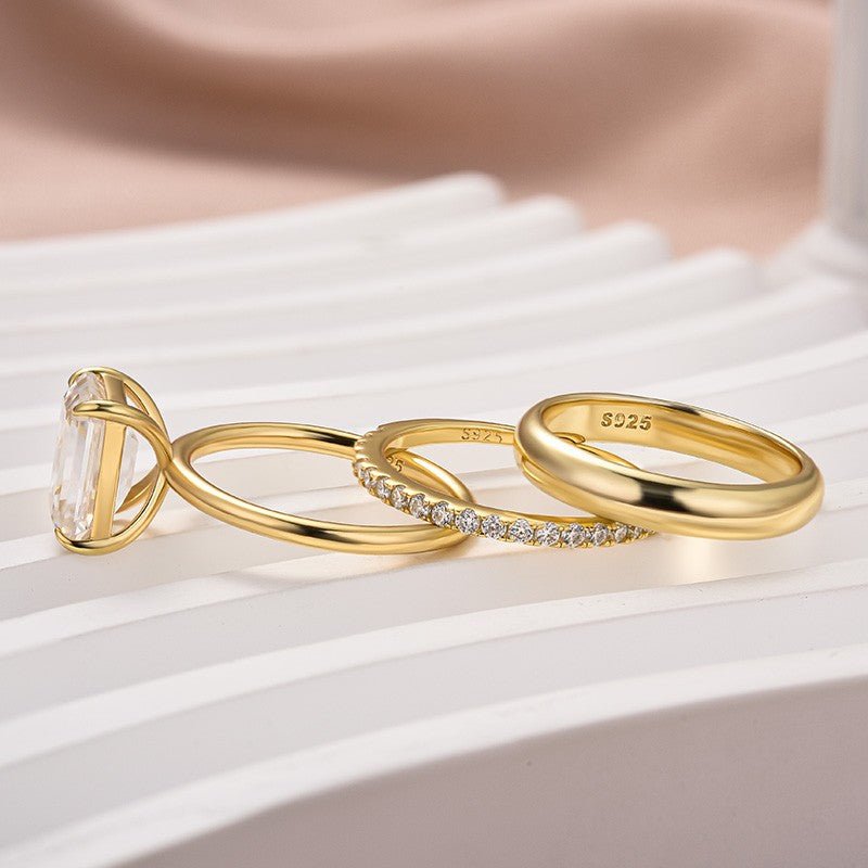 Moissanite 3.5 Ct Emerald Cut Yellow Gold Wedding Ring Set with Wide Band