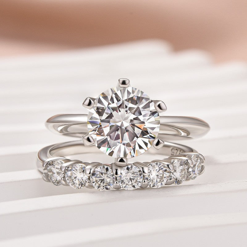 Moissanite 2.0 Ct ~3.0 Ct Round Cut 6 Prong White Gold Engagement Ring with Round Cut White Gold Women's Wedding Band