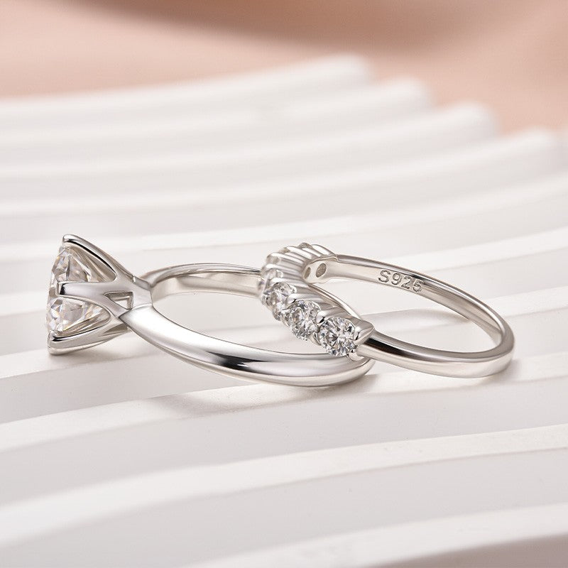 Moissanite 2.0 Ct ~3.0 Ct Round Cut 6 Prong White Gold Engagement Ring with Round Cut White Gold Women's Wedding Band