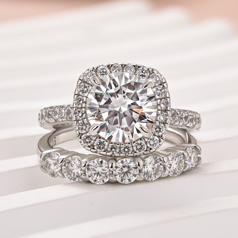 Moissanite 2.0Ct Halo Round Cut White Gold Promise Ring With Seven Stone Round Cut Anniversary Ring