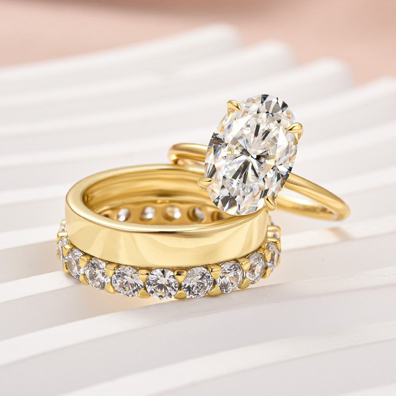 Moissanite 4.0Ct Solitaire Oval Cut Yellow Gold Engagement Ring With Eternity Ring