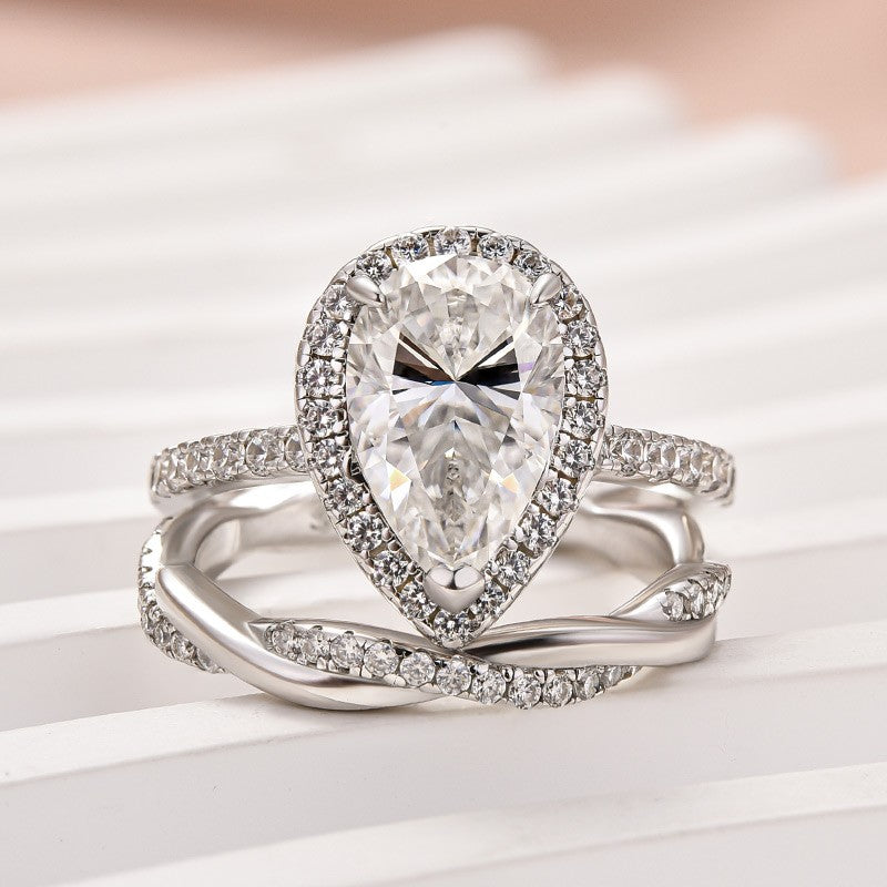 Moissanite 3.0Ct Halo Pear Cut White Gold Engagement Ring With Twist Wedding Ring