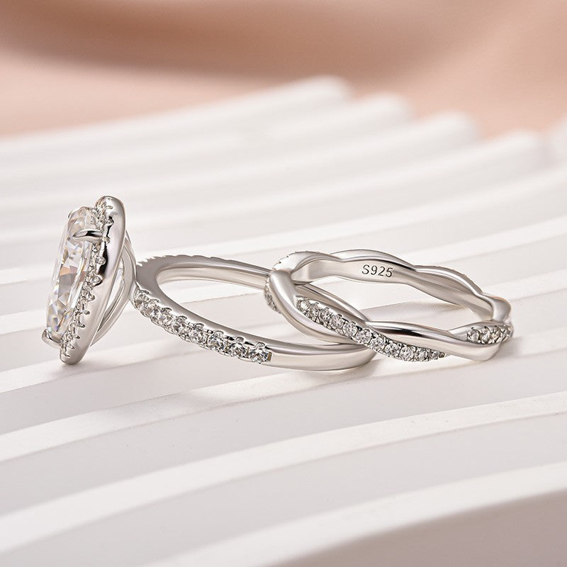 Moissanite 3.0Ct Halo Pear Cut White Gold Engagement Ring With Twist Wedding Ring