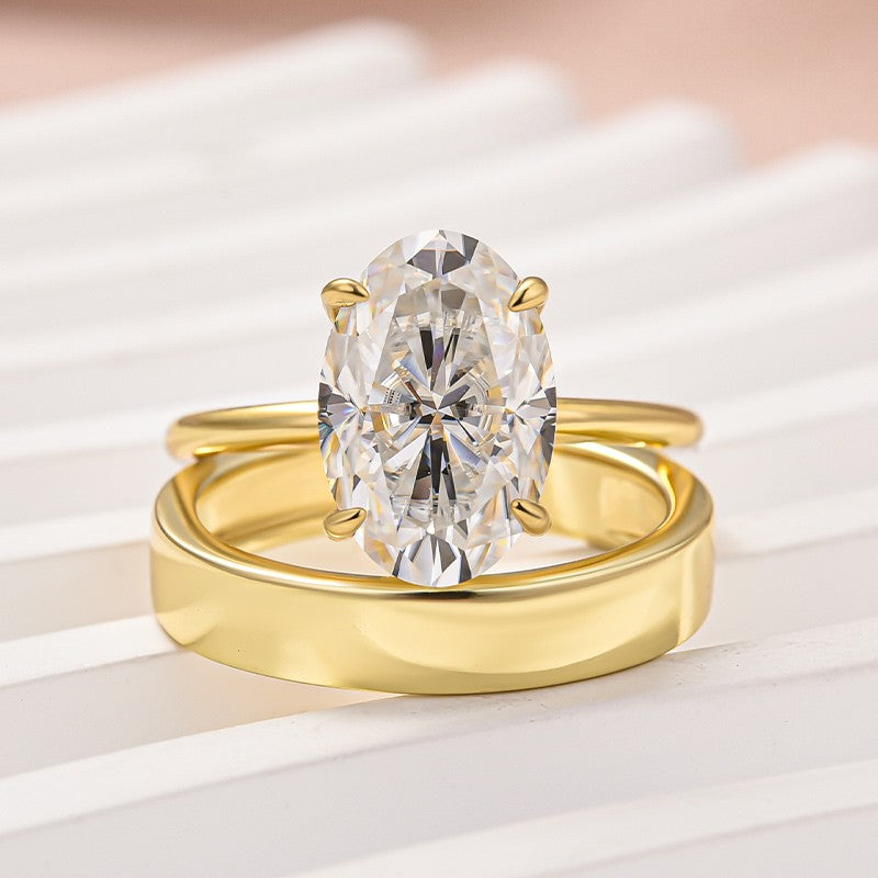 Moissanite 4.0 Ct Solitaire Oval Cut Yellow Gold Wedding Ring Set with Wide Band