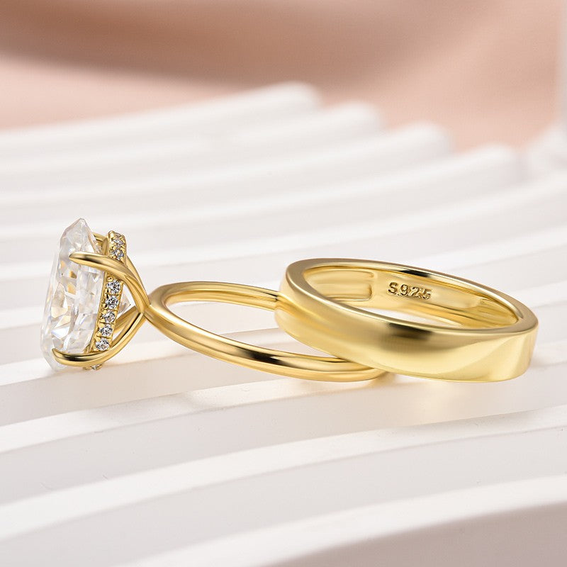 Moissanite 4.0 Ct Solitaire Oval Cut Yellow Gold Wedding Ring Set with Wide Band