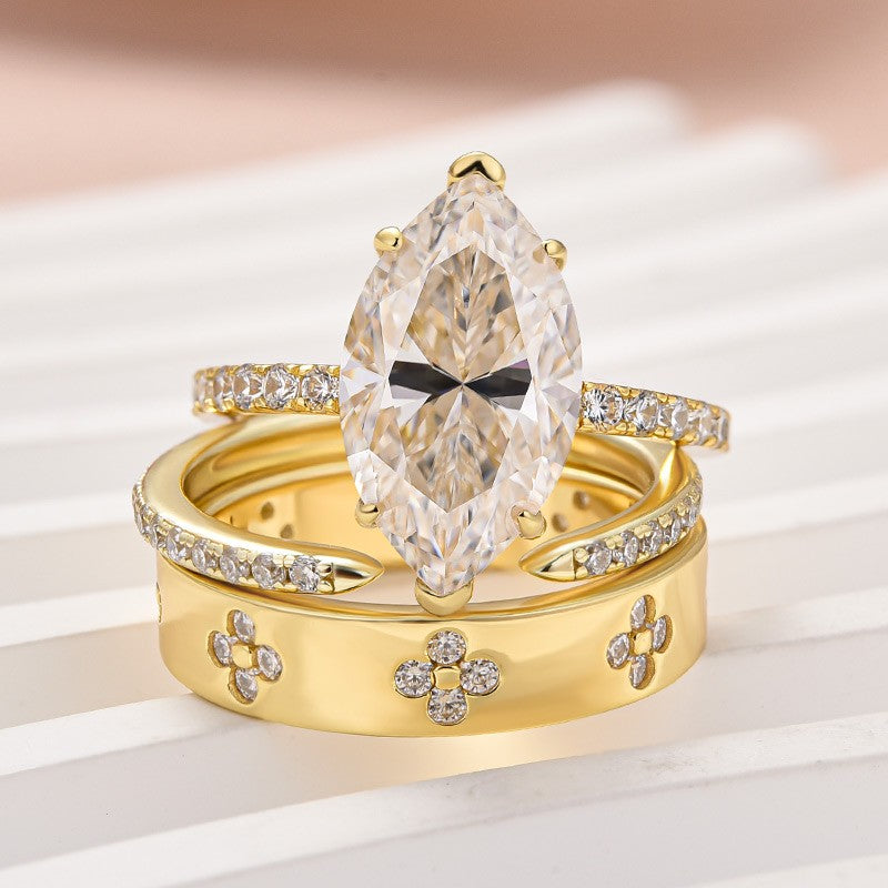 Moissanite 4.0Ct Marquise Cut Yellow Gold Open Clover Wide Wedding Ring