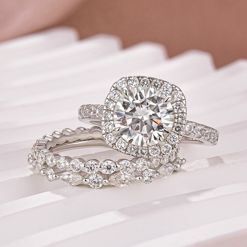 Moissanite 2.0Ct Halo Round Cut White Gold Promise Ring With Round Cut & Marquise Cut Anniversary Ring