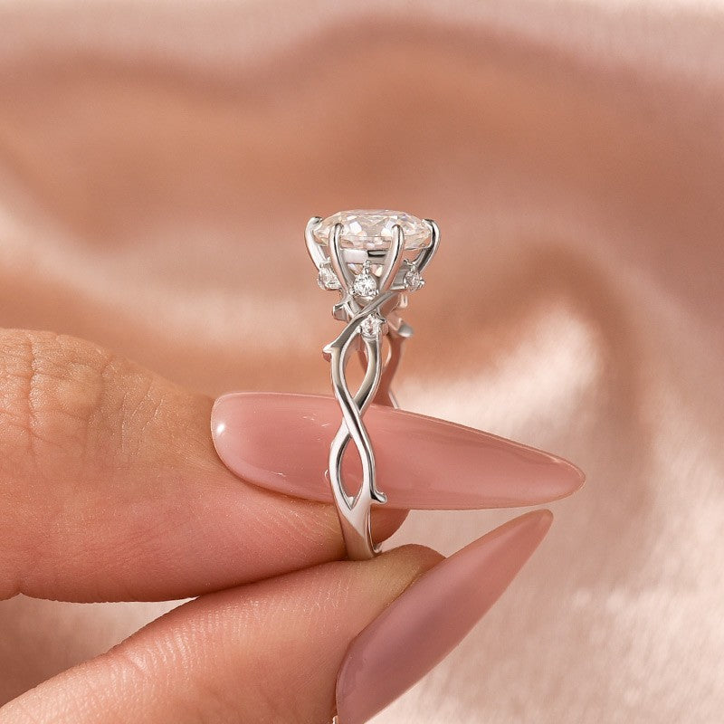 Moissanite 2.0 Ct Twig 6 Prong Round Cut Twist White Gold Engagement Ring