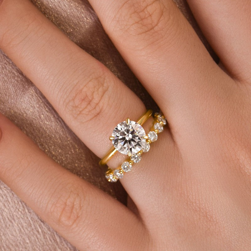 Moissanite 2.0 Ct Solitaire Round Cut Yellow Gold Wedding Ring Set Eternity Moissanite Diamond Ring