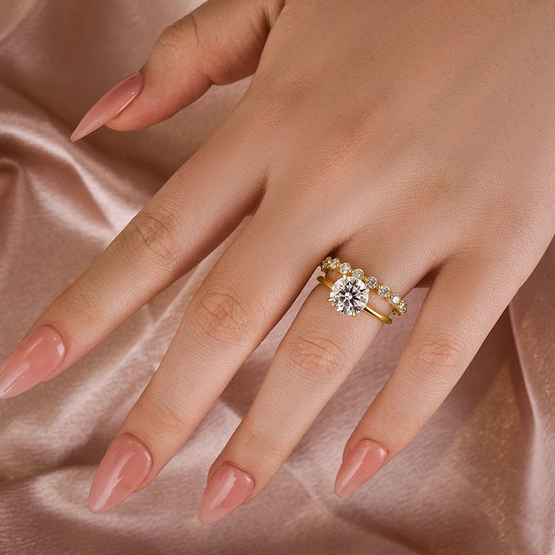 Moissanite 2.0 Ct Solitaire Round Cut Yellow Gold Wedding Ring Set Eternity Moissanite Diamond Ring