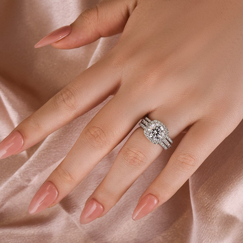Moissanite 2.0 Ct Halo Round Cut White Gold Promise Ring with Full Eternity Thin Wedding Band
