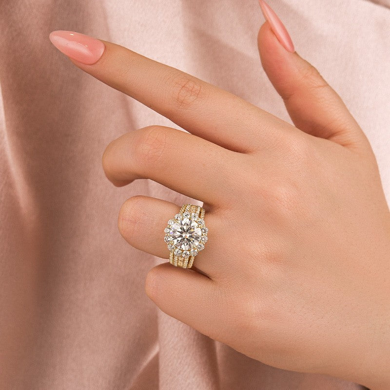 Halo Split Shank 4.0Ct Round Cut Yellow Gold Moissanite Engagement Ring