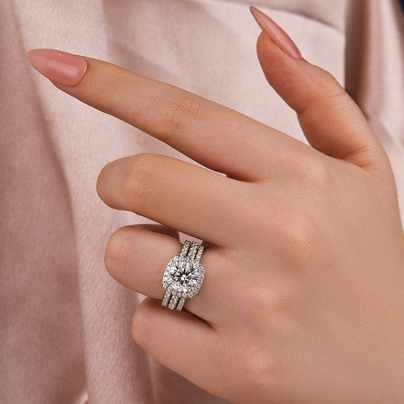 Moissanite 2.0 Ct Halo Round Cut White Gold Promise Ring with Full Eternity Thin Wedding Band