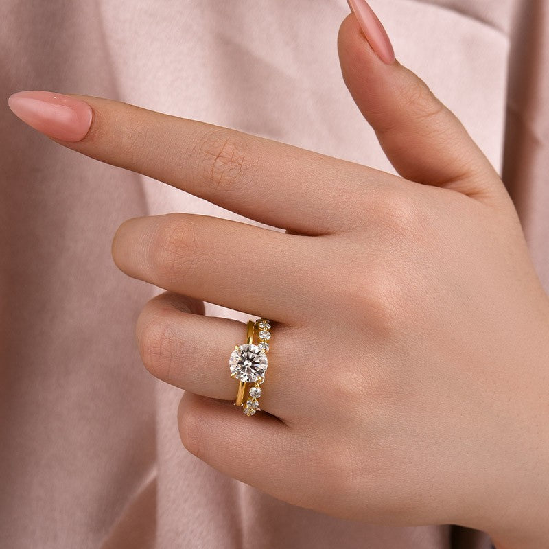Moissanite 2.0 Ct Solitaire Round Cut Yellow Gold Wedding Ring Set Eternity Moissanite Diamond Ring