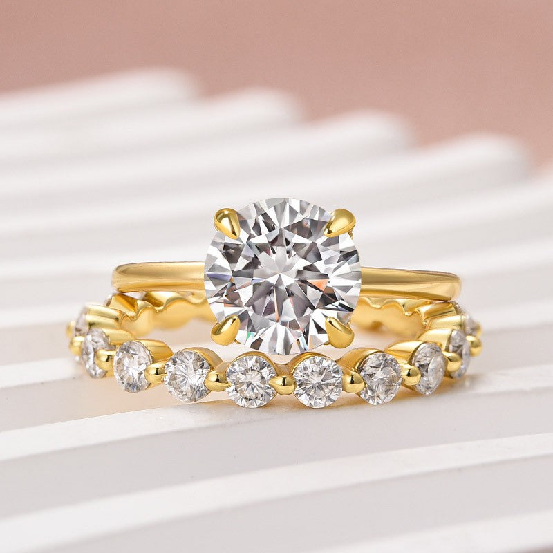 Moissanite 2.0 Ct Solitaire Round Cut Yellow Gold Wedding Ring Set Eternity Moissanite Diamond Ring