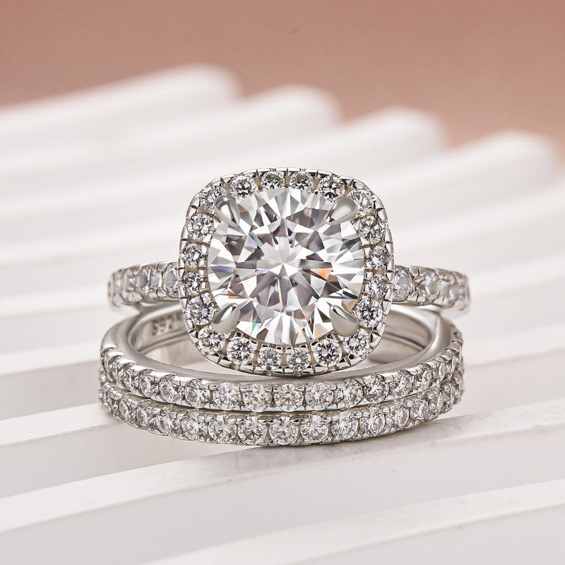 Moissanite 2.0 Ct Halo Round Cut White Gold Promise Ring with Full Eternity Thin Wedding Band