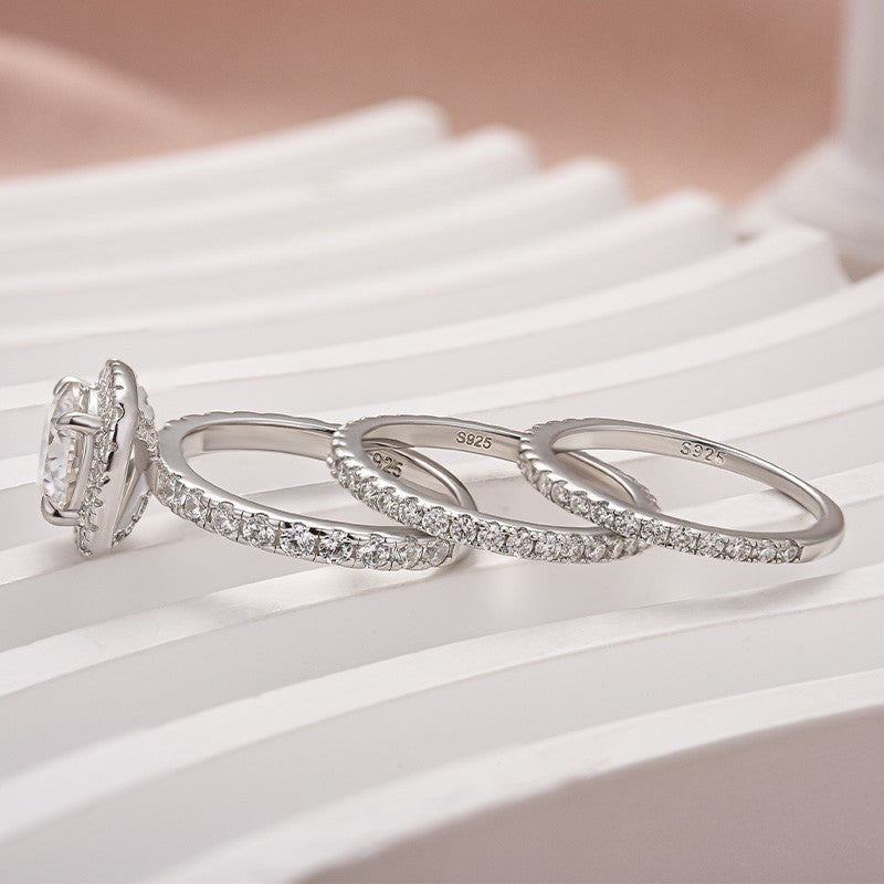 Moissanite 2.0 Ct Halo Round Cut White Gold Promise Ring with Full Eternity Thin Wedding Band