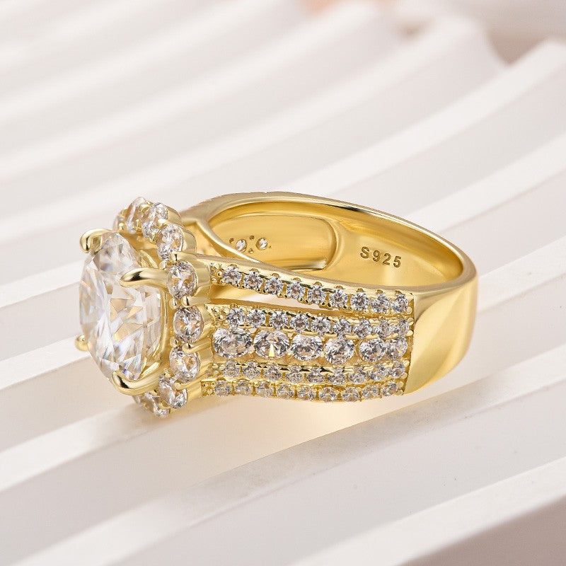 Halo Split Shank 4.0Ct Round Cut Yellow Gold Moissanite Engagement Ring