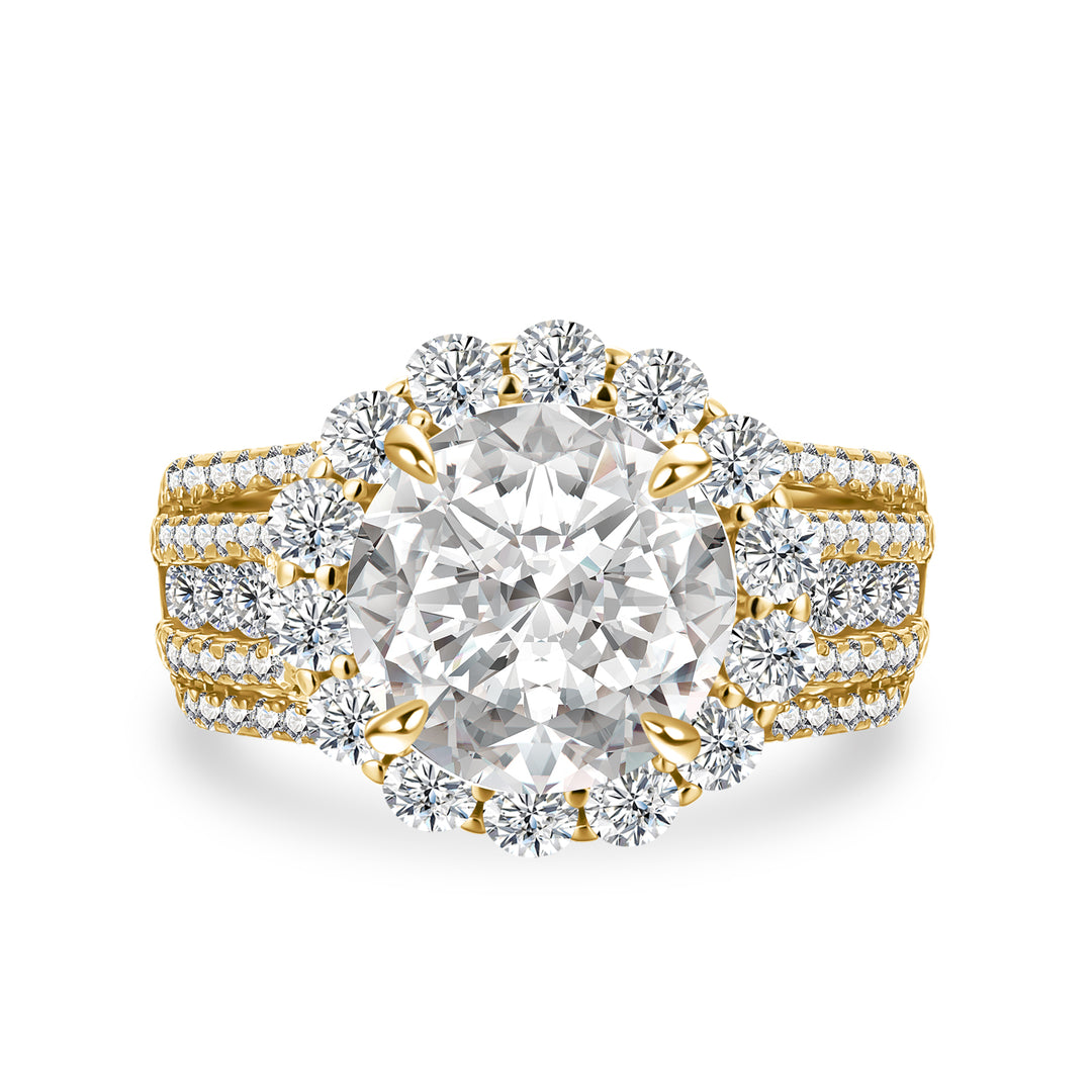 Halo Split Shank 4.0Ct Round Cut Yellow Gold Moissanite Engagement Ring