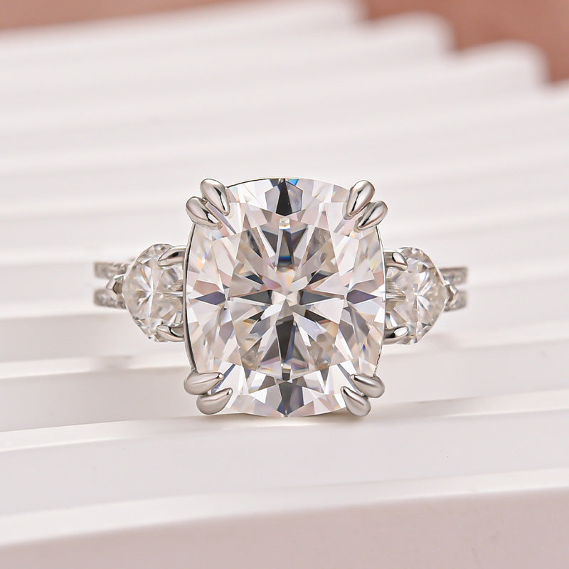 Moissanite 6.0Ct Cushion Cut Three Stone Engagement Ring In Sterling Silver