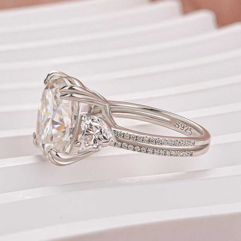 Moissanite 6.0Ct Cushion Cut Three Stone Engagement Ring In Sterling Silver