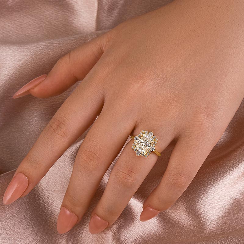 Rodiffy Moissanite 3.0Ct Yellow Gold Halo Radiant Cut Engagement Ring
