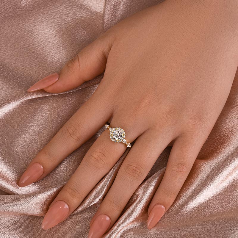 Rodiffy Moissanite 1.0 Ct Halo Round Cut Yellow Gold Promise Ring