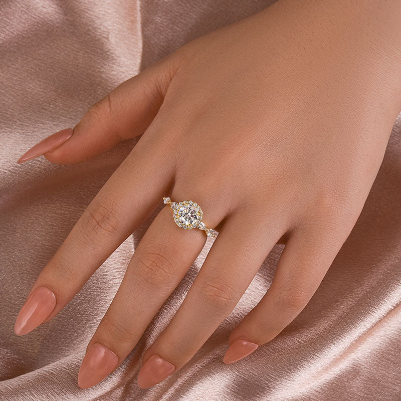 Rodiffy Moissanite 1.0 Ct Halo Round Cut Yellow Gold Promise Ring