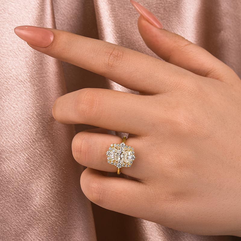 Rodiffy Moissanite 3.0Ct Yellow Gold Halo Radiant Cut Engagement Ring