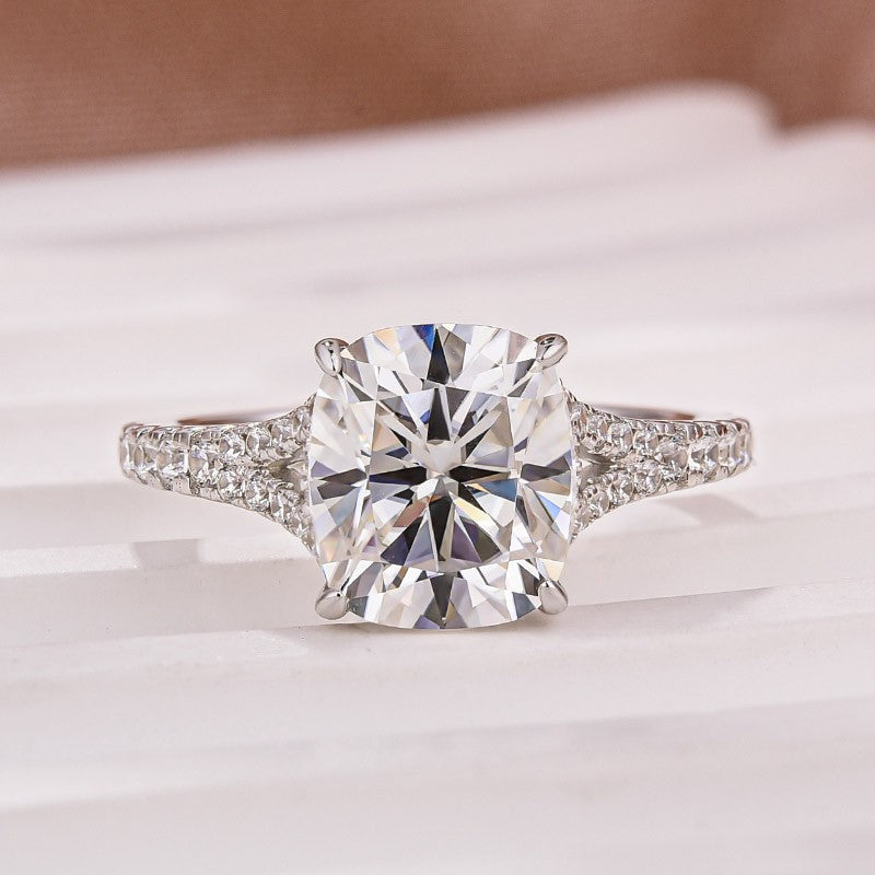 Moissanite 3.0Ct Cushion Cut Split Shank White Gold Engagement Ring