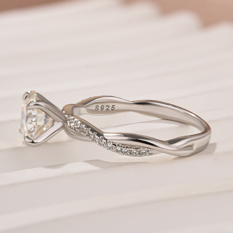 Rodiffy Moissanite 2.0 Ct Round Cut Twist White Gold Pave Promise Bridal Ring