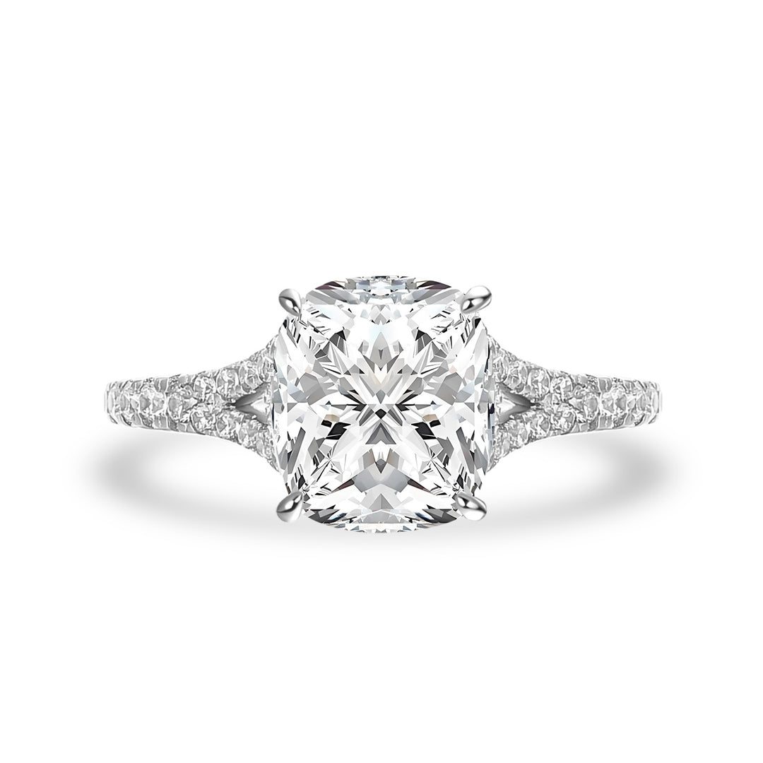 Moissanite 3.0Ct Cushion Cut Split Shank White Gold Engagement Ring