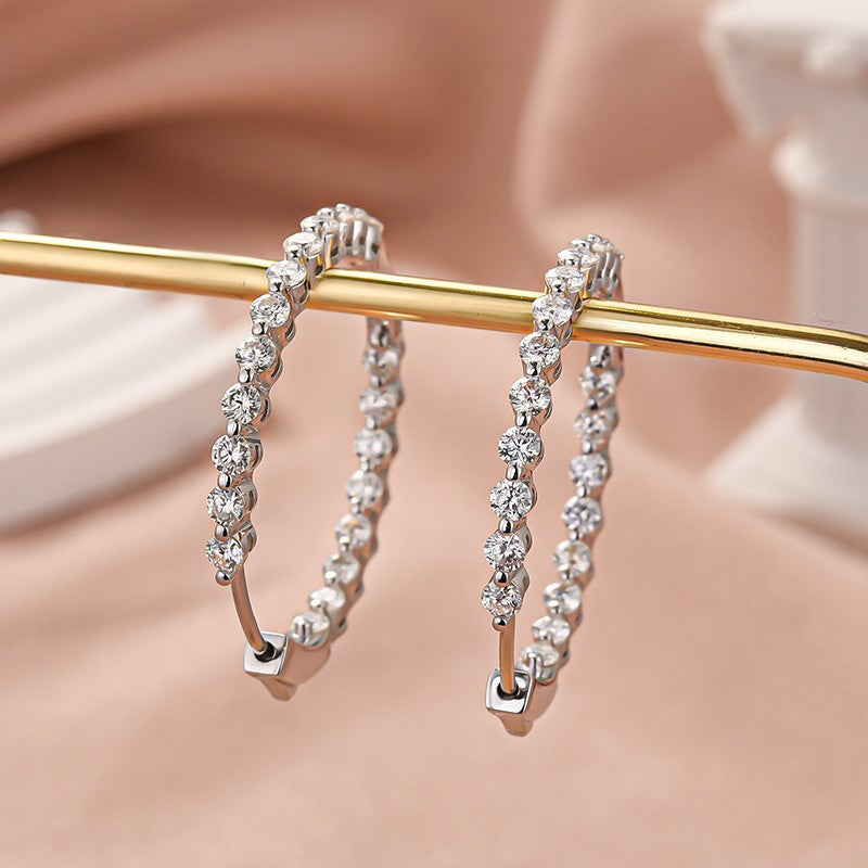 Full Pavé Moissanite Hoop Earrings for Women – Round Cut Sterling Silver with 18K White Gold Plating